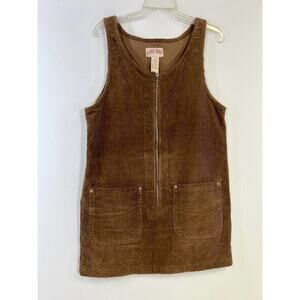 Vtg Alaska Blue Corduroy Zip Front Jumper Dress 100% Cotton Midi Brown Womens L